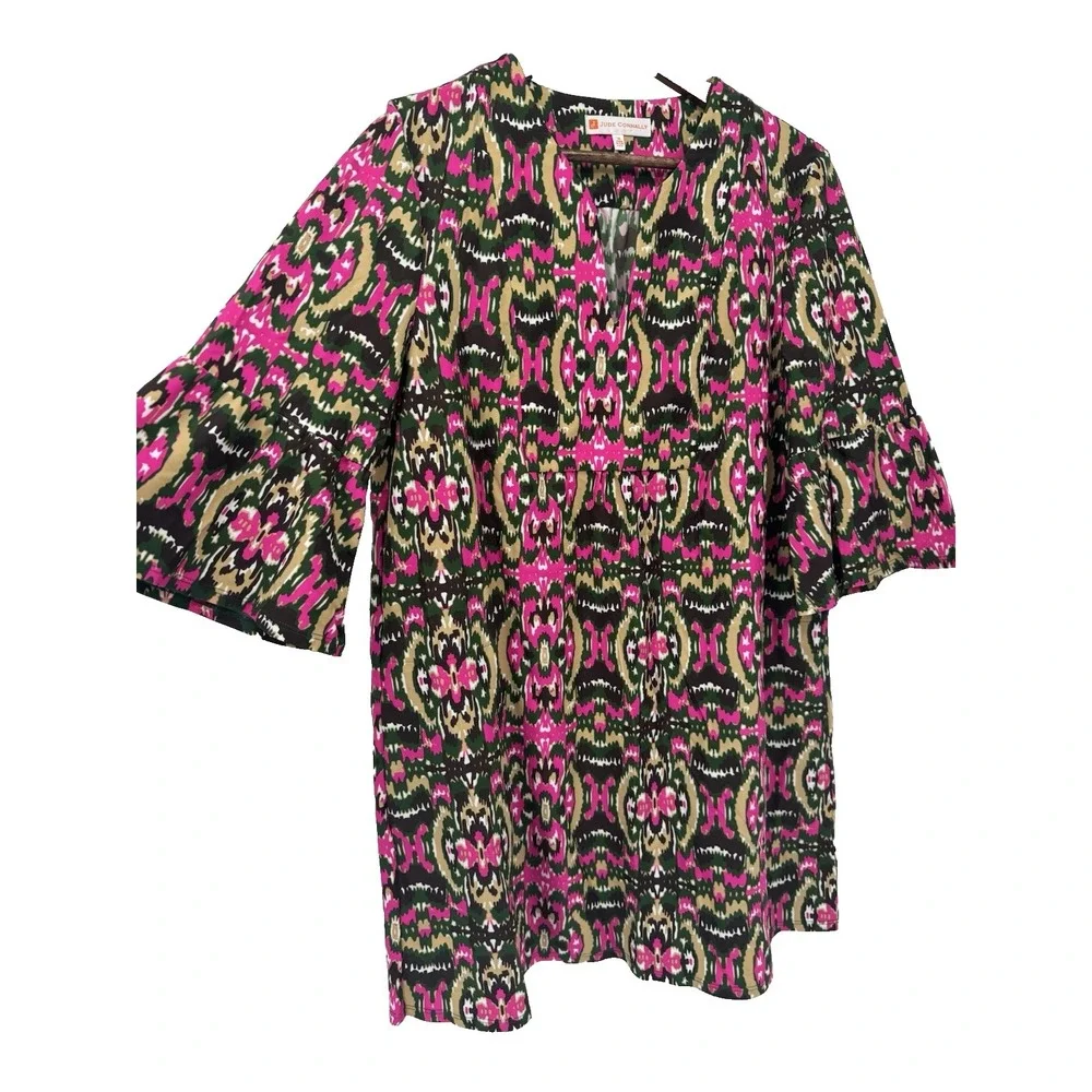 Jude Connally M Pink Dress Geometric Tunic Bell Sleeve Abstract Mod Artsy USA - Picture 1 of 10